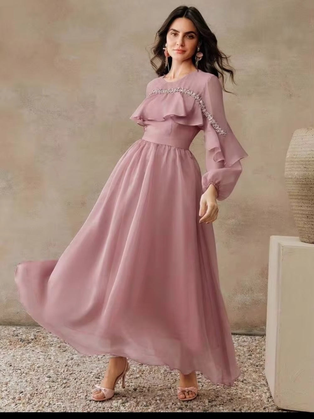 Anewsta Pink Ruffle-Front Long Sleeve Dress S NWT